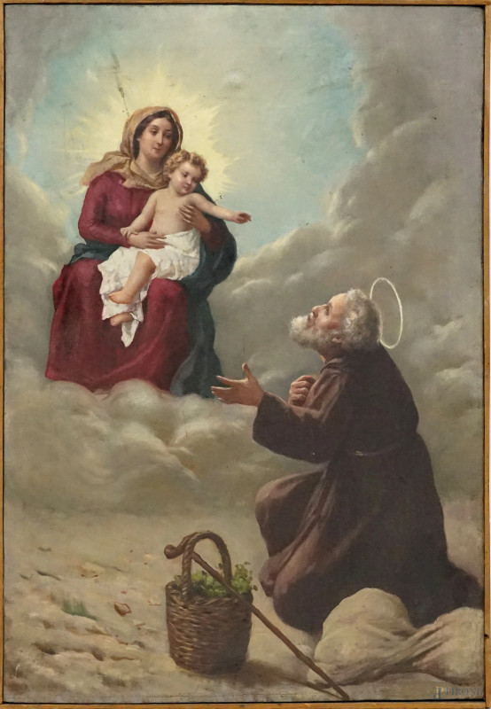 L'Apparizione della Vergine col Bambino a San Crispino da Viterbo,  olio su tela, cm 77x52, inizi XX secolo, (difetti)  - Asta ASTA A TEMPO DI ANTIQUARIATO E ARTE MODERNA – DUE SESSIONI - Aste Pirone