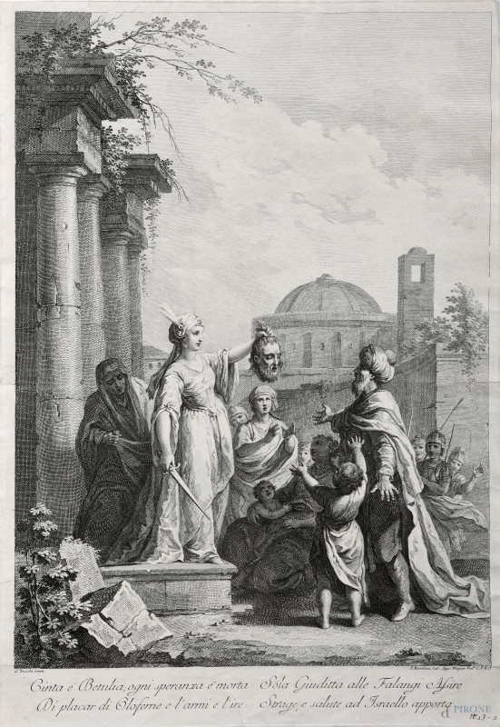 Giuditta con la Testa di Oloferne, incisione di Bartolozzi da G. Zocchi, XIX secolo, cm 58,5x40,5, segni di usura, strappi, tracce di umidità, segni di piegatura, difetti)  - Asta RAPIDA SOLIS - Aste Pirone