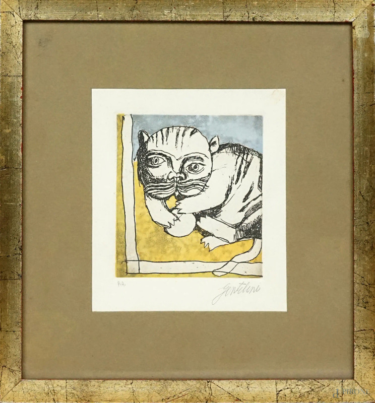 Franco Gentilini : Gatto, prova d'autore a colori, cm 18,5x16, entro cornice.  - Asta ASTA A TEMPO DI ANTIQUARIATO E ARTE MODERNA - Aste Pirone