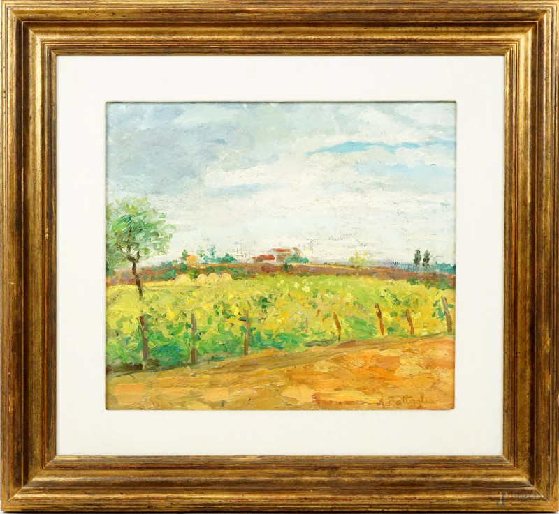 Vigneto, olio su compensato, cm 32x37, firmato, entro cornice.  - Asta ASTA A TEMPO DI ANTIQUARIATO E ARTE MODERNA - Aste Pirone