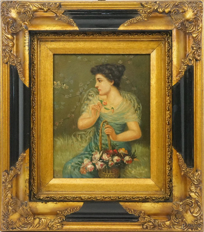 Fanciulla con cesto di fiori, olio su legno, cm 25x20, firmato, entro cornice.  - Asta ASTA A TEMPO DI ANTIQUARIATO E ARTE MODERNA - Aste Pirone