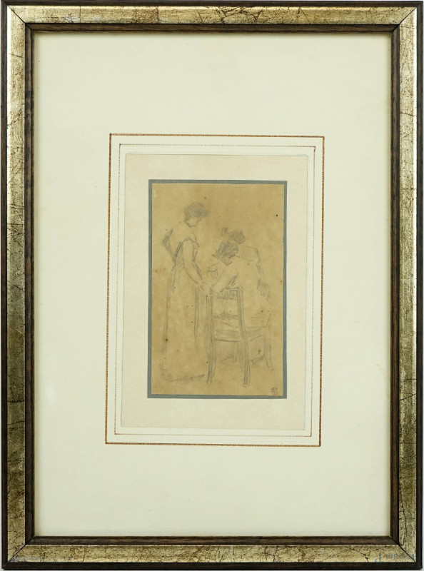 Figure, matita su carta, cm 16x10, siglato, entro cornice  - Asta ASTA A TEMPO - Aste Pirone