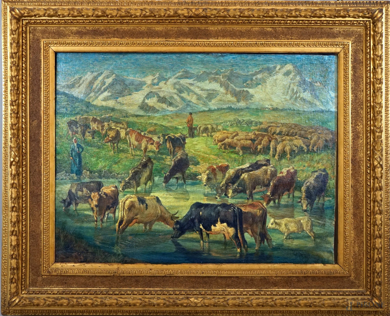 Paesaggio con pastori e armenti, olio su tela, cm 75x99, firmato, entro cornice.  - Asta ASTA DI ANTIQUARIATO E ARTE MODERNA - Aste Pirone