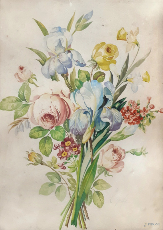 Artista dell’Ottocento, Mazzo di fiori, acquarello su carta, cm 38x28, firmato, entro cornice.  - Asta ASTA DI ARTE MODERNA E ANTIQUARIATO - Aste Pirone