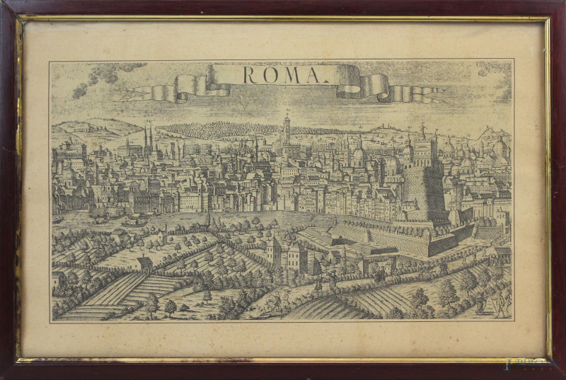 Stampa raffigurante veduta di Roma, cm 31,5x49, XX secolo, entro cornice, (macchie).  - Asta ASTA DI ARTE MODERNA E ANTIQUARIATO - Aste Pirone