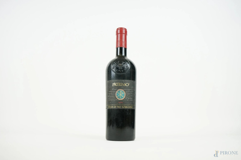 Pàtrimo, Feudi di San Gregorio, bottiglia di vino rosso, annata 1999, entro scassa in legno.  - Asta ASTA DI ARTE MODERNA, CONTEMPORANEA E VINTAGE - Aste Pirone