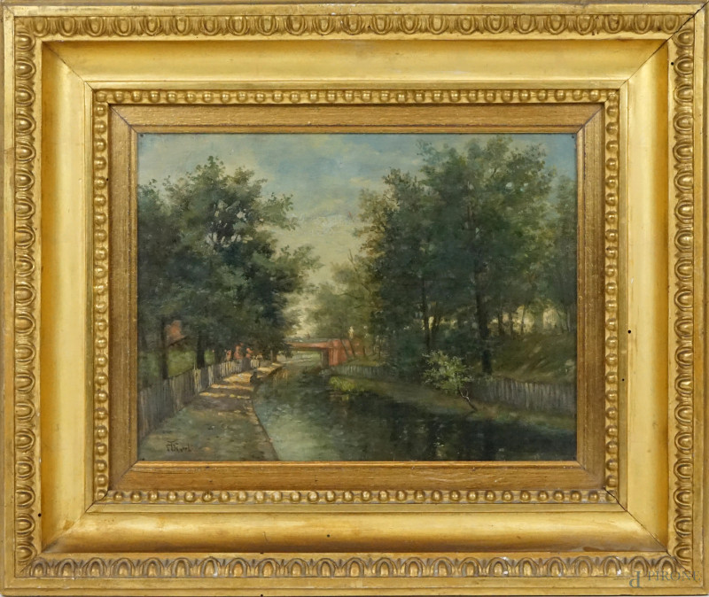 Scorcio fluviale, olio su tela, cm 23x30,5, firmato, entro cornice.  - Asta ASTA A TEMPO DI ANTIQUARIATO E ARTE MODERNA - Aste Pirone