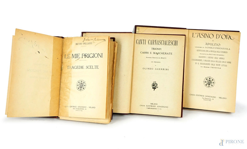 Lotto di tre volumi: S.Pellico, Le mie prigioni, tragedie scelte; Canti Cavallerischi, trionfi, carri e mascherate, con prefazione di Olindo Guerrini; Apuleio, L'asino d'oro; Casa Editrice Sonzogno, Milano, prima metà XX secolo, (difetti)  - Asta ASTA DI ARTE MODERNA, CONTEMPORANEA E VINTAGE - Aste Pirone