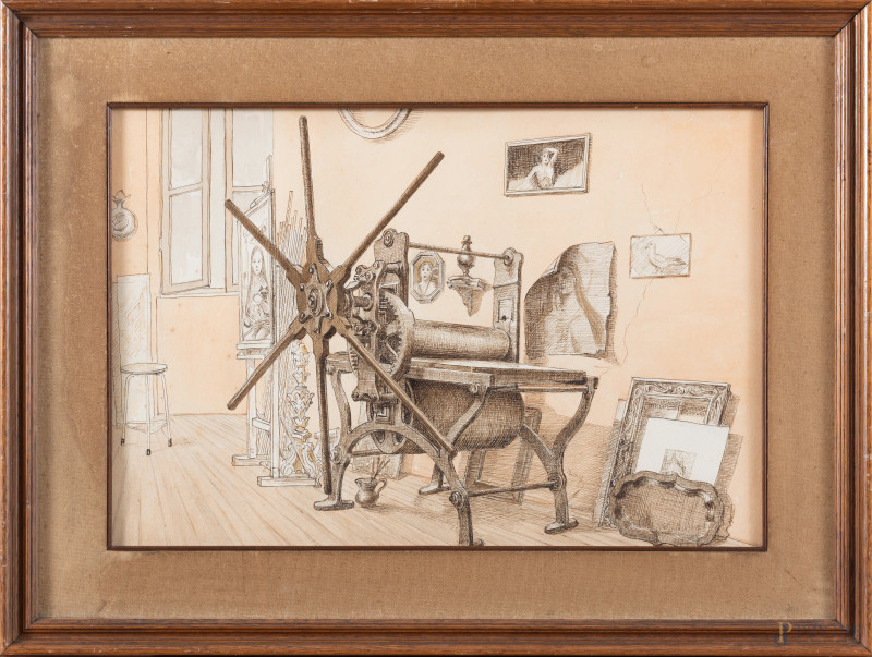 Interno di stamperia, XX secolo, tecnica mista su carta, cm 38x55, entro cornice, (lievi tracce di umidità, ondulazioni della carta)  - Asta RAPIDA SOLIS - Aste Pirone