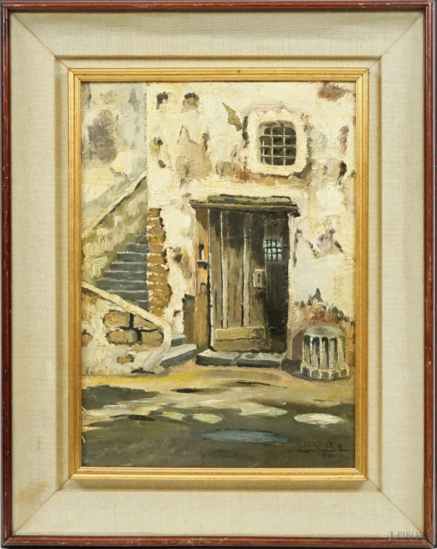 Esterno, olio su cartone telato, cm 35x25, firmato, entro cornice.  - Asta ASTA A TEMPO DI ANTIQUARIATO E ARTE MODERNA - Aste Pirone