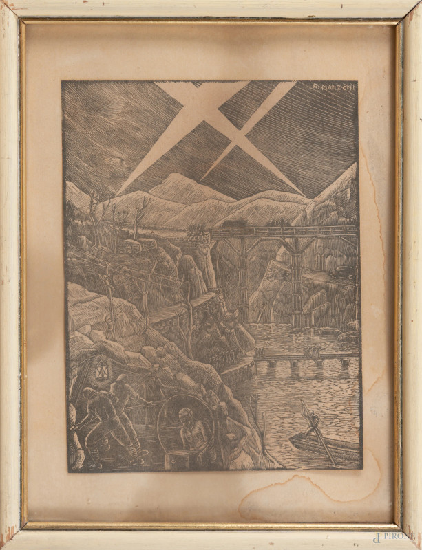 Stampa da R.Manzoni raffigurante cantiere sull'acqua, XX secolo, cm 18x14, entro cornice (segni di usura, tracce di umidità, ondulazioni del supporto)  - Asta  ASTA A TEMPO | VARIÆ - Aste Pirone