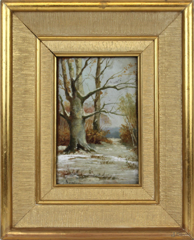 Albero innevato, olio su tavola, cm 18x11, firmato, entro cornice.  - Asta ANTIQUARIATO E ARTE MODERNA - Aste Pirone