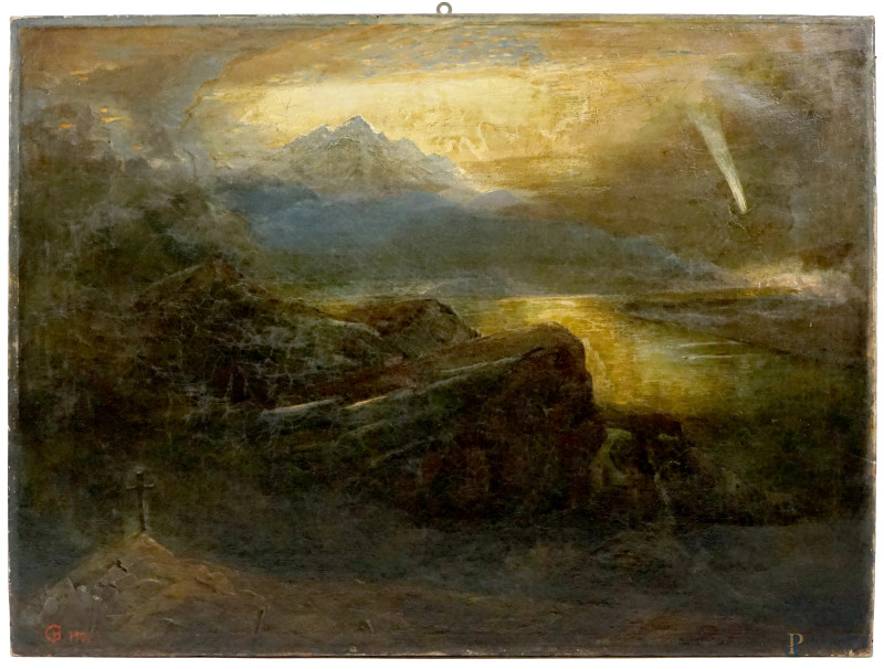 Paesaggio, olio su tela, cm 94,5x127, con monogramma e data in basso a sinistra, (lievi difetti)  - Asta ASTA LIVE DI ANTIQUARIATO E ARTE MODERNA – DUE SESSIONI POMERIDIANE - Aste Pirone