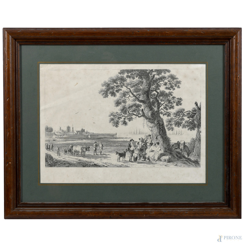 Incisione raffigurante paesaggio con figure, inizio XX secolo, cm 45,5x59 compreso passepartout, entro cornice, (segni di usura, gore e tracce di umidità)  - Asta ASTA A TEMPO | VARIÆ - Aste Pirone