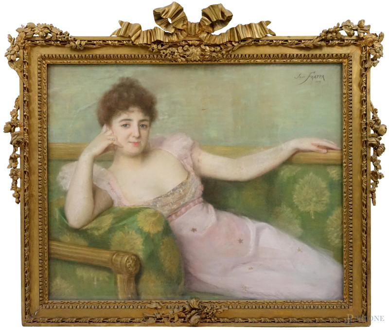 Jos&#233; Frappa : Ritratto di donna distesa, pastello su carta, cm 83x100, datato 1899, entro cornice.  - Asta ASTA A TEMPO DI ANTIQUARIATO E ARTE MODERNA - Aste Pirone