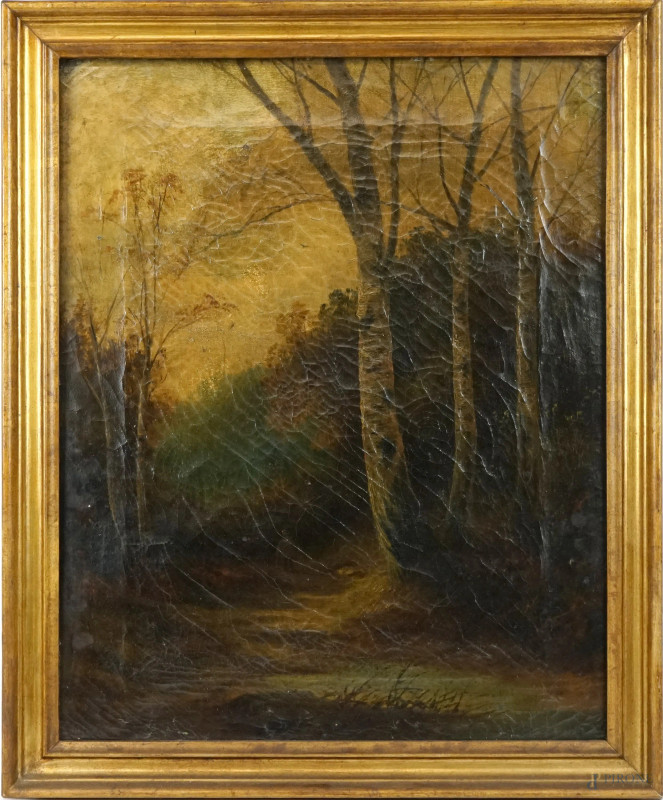 Scorcio di bosco con viandante, olio su tela, cm 48x40,5, firmato, entro cornice.  - Asta ASTA DI ANTIQUARIATO E ARTE MODERNA - Aste Pirone