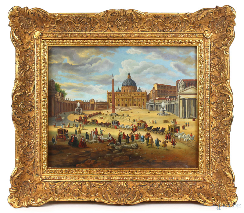 Scorcio di Piazza San Pietro, tempera su cartone, cm 40x48, firmato, entro cornice.  - Asta ASTA DI ARTE MODERNA E ANTIQUARIATO - Aste Pirone