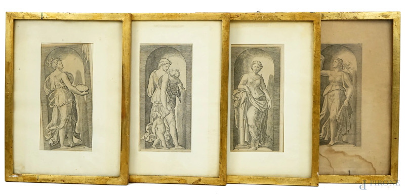 Quattro antiche stampe raffiguranti le Virtù cardinali e teologali, da Marcantonio Raimondi (1480-1534), cm 33x24, entro cornici, (difetti e macchie sulla carta)  - Asta ASTA A TEMPO DI ANTIQUARIATO E ARTE MODERNA - Aste Pirone