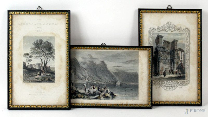 Lotto di tre stampe raffiguranti Tivoli, il Castello di Chillon e il Tempio di Pallade a Roma, incisore J.B.Allen, cm 18,5x11,5, XIX secolo, entro cornici, (macchie).  - Asta Asta a Tempo di Antiquariato e Arte Moderna - Aste Pirone