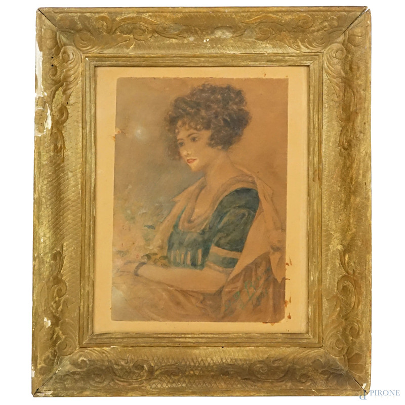 Ritratto di donna, tecnica mista su carta, cm 27x18,5, firmato, entro cornice, (difetti)  - Asta ASTA A TEMPO DI ANTIQUARIATO E ARTE MODERNA – DUE SESSIONI - Aste Pirone