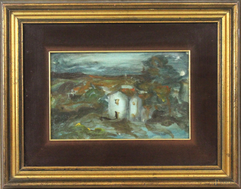 Paesaggio con case, olio su tavola, cm 19x29, XX secolo, entro cornice.  - Asta ASTA DI ARTE MODERNA E ANTIQUARIATO - Aste Pirone