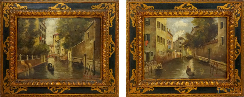 Coppia di scorci di Venezia, olio su tavola, cm 28x39, firmati, entro cornici.  - Asta ASTA DI ANTIQUARIATO E ARTE MODERNA - Aste Pirone