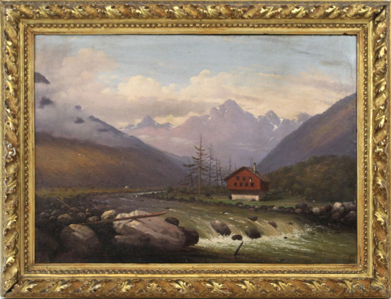 Veduta del Vallese, olio su tela, cm 33,5x48, firmato Canella, entro cornice.  - Asta ANTIQUARIATO E ARTE MODERNA - Aste Pirone