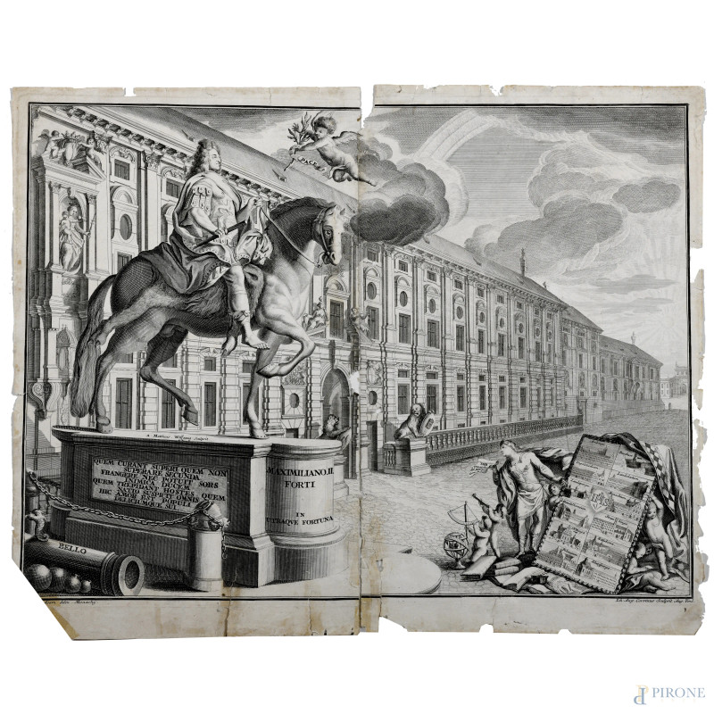 Incisione raffigurante "Maxilmiano II Forti in utraque fortuna", XVIII secolo, cm 42,5x52,5, (segni di usura, tracce di umidità, gore, foxing, lacerazioni della carta, tracce di piegatura, rotture)  - Asta RAPIDA SOLIS - Aste Pirone