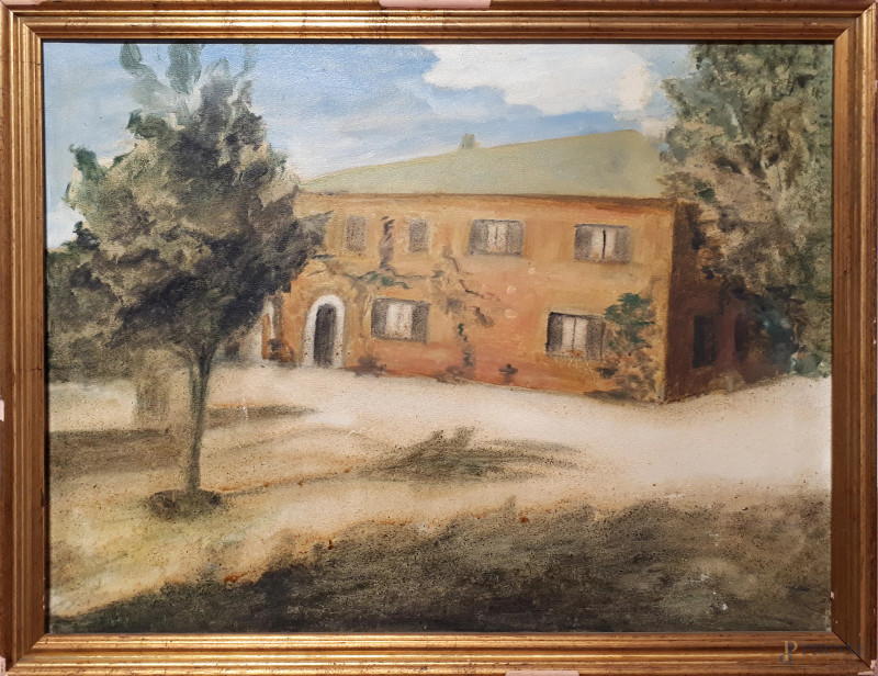 Artista post macchiaiolo del XX sec., Paesaggio rurale con casale e albero, olio su tela, cm 60x80, con cornice  - Asta ASTA A TEMPO DI ANTIQUARIATO E ARTE MODERNA – DUE SESSIONI - Aste Pirone