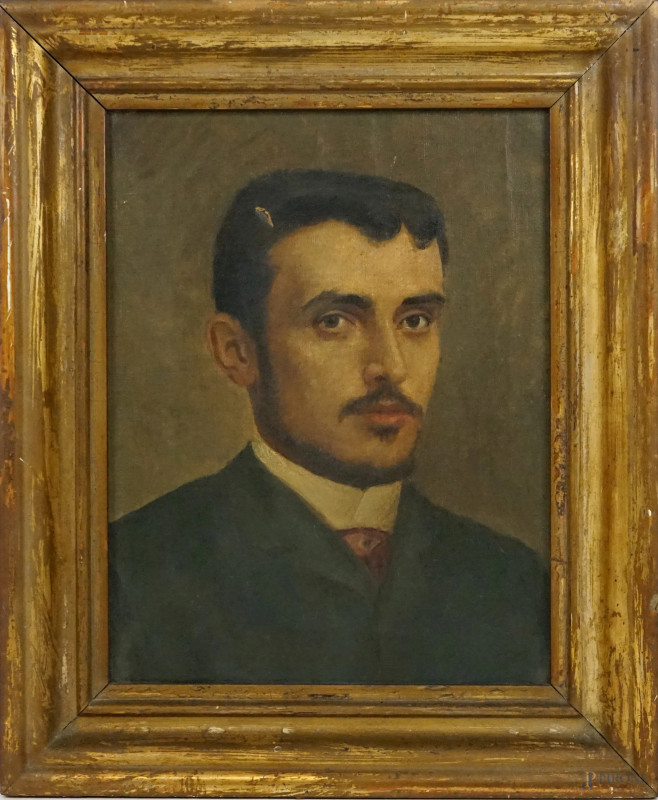 Ritratto d'uomo, olio su tela, cm 40x31, firmato e datato F.C.Medovich 1886 a tergo, entro cornice, (difetto sulla tela).  - Asta ASTA A TEMPO - Aste Pirone