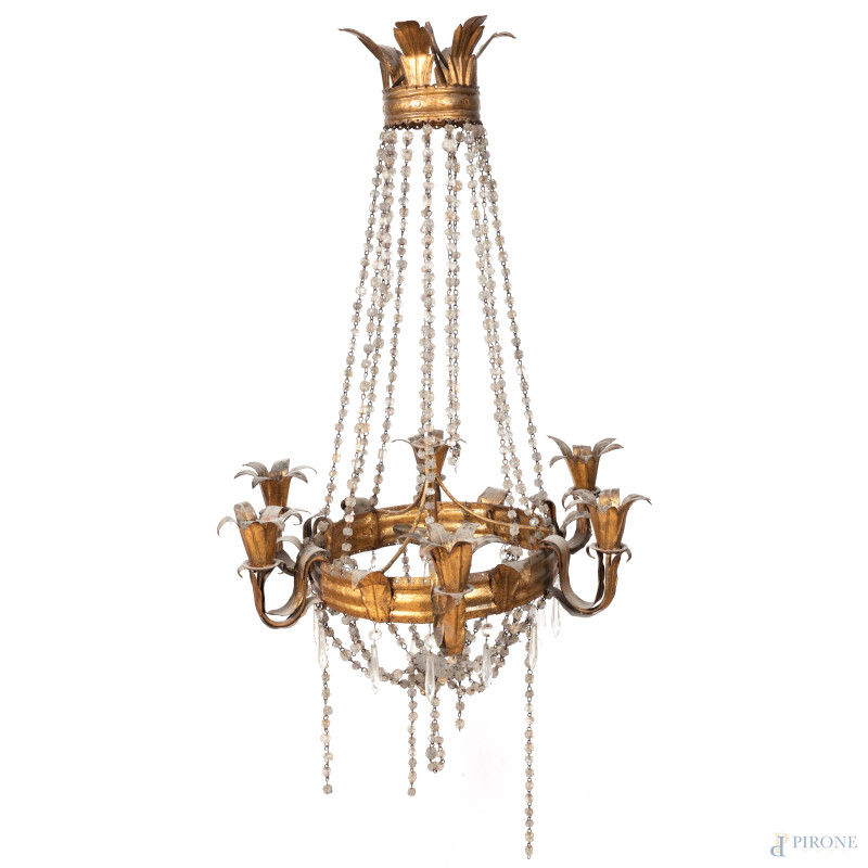 Lampadario con struttura in ferro e cristallo, XX secolo, cm 62x50, (segni di usura, difetti, mancanze)  - Asta ASTA A TEMPO | VARIÆ	 - Aste Pirone