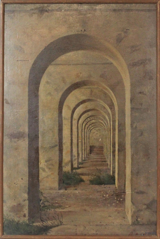 Portico con arcate, olio su compensato, cm 60,5x40, datato in basso a destra, entro cornice.  - Asta ANTIQUARIATO E ARTE MODERNA - Aste Pirone