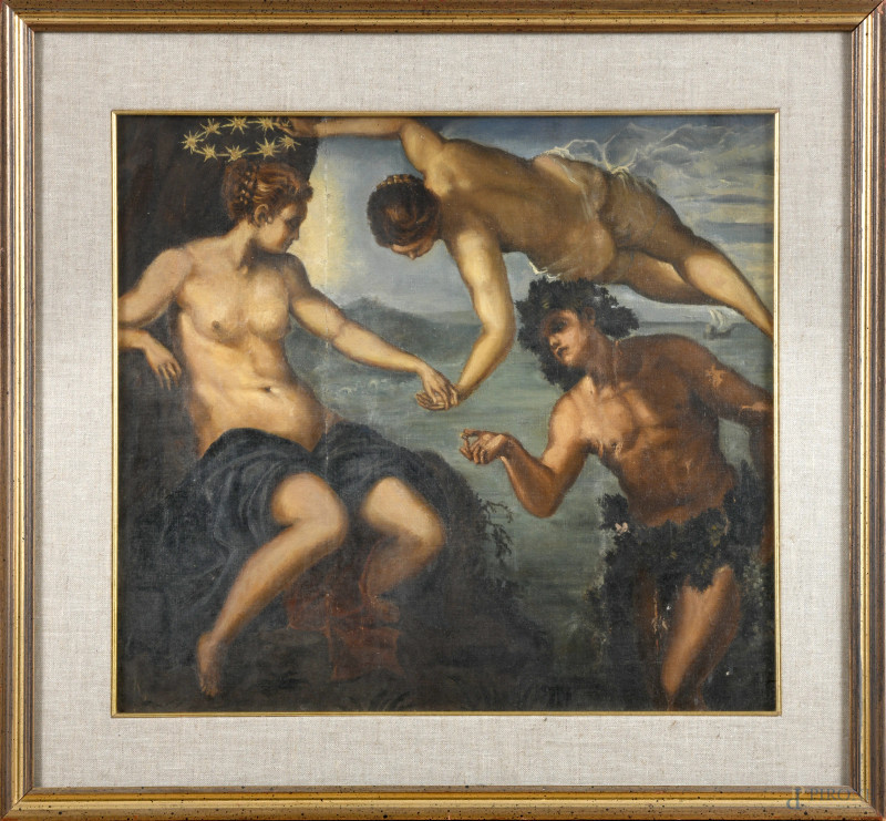Bacco e Arianna da Jacopo Tintoretto, XX secolo, olio su tela, cm 47x54, entro cornice, (segni di usura, tracce di umidità, abrasioni, lacerazioni)  - Asta RAPIDA SOLIS - Aste Pirone