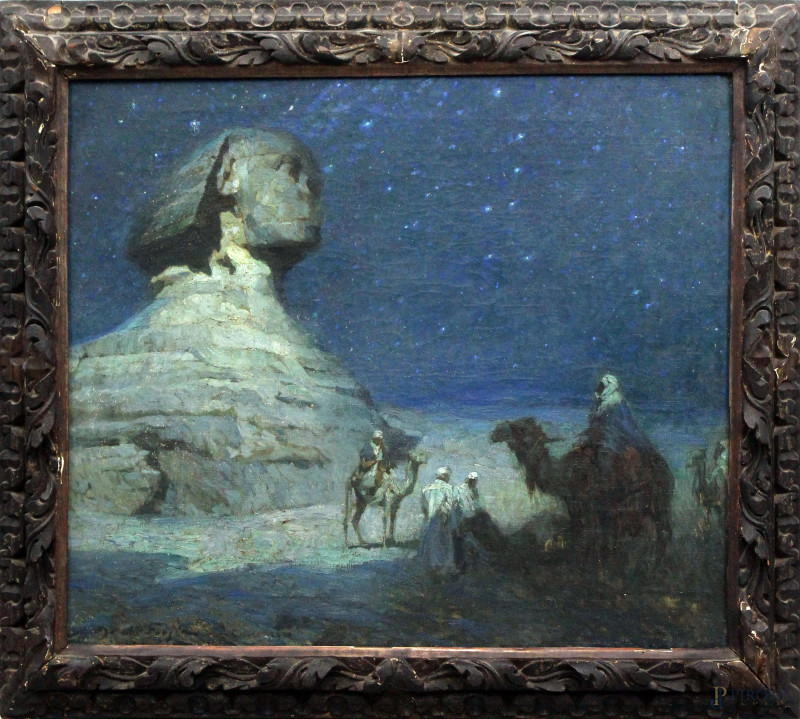 Mario Moretti Foggia : Notturno nel deserto, olio su tela, cm 62x71, datato Cairo 1910, entro cornice.  - Asta ANTIQUARIATO E ARTE MODERNA - Aste Pirone