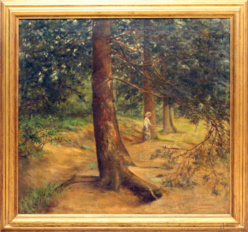 Scorcio di bosco con fanciulla, olio su tela cm 53x56, firmato, entro cornice.  - Asta PRIMA TORNATA D' ASTA A TEMPO DI FINE STAGIONE - Aste Pirone