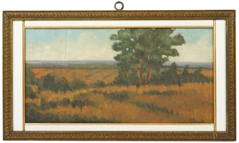 Campagna, olio su tavola, cm 21,5x42, firmato, entro cornice.  - Asta ASTA A TEMPO di Arte Moderna e Antiquariato - Aste Pirone