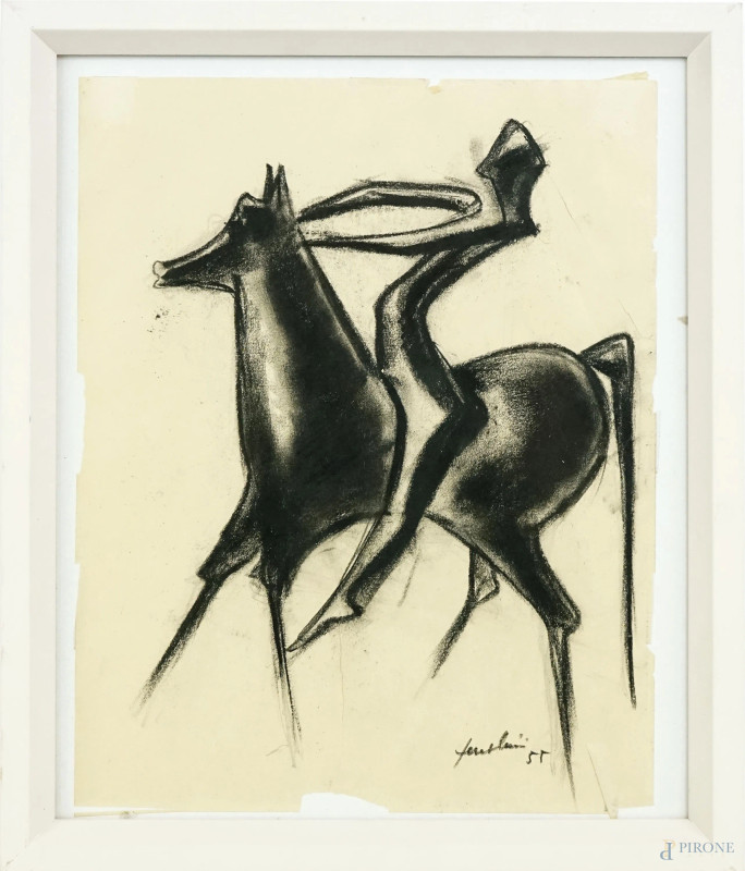 Fantino a cavallo, carboncino su carta, cm 28x21,5, firmato e datato, entro cornice, (difetti sulla carta).  - Asta ASTA DI ARTE MODERNA, CONTEMPORANEA E VINTAGE - Aste Pirone