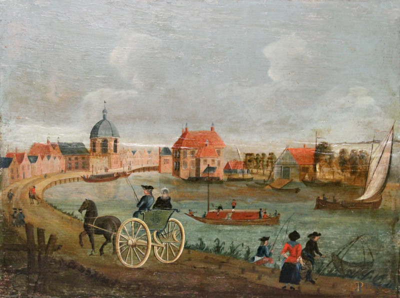 Passeggiata in carrozza, olio su tavola, Scuola del Nord Europa, XVIII sec., cm 32 x 42.  - Asta SECONDA TORNATA D' ASTA A TEMPO DI FINE STAGIONE - Aste Pirone