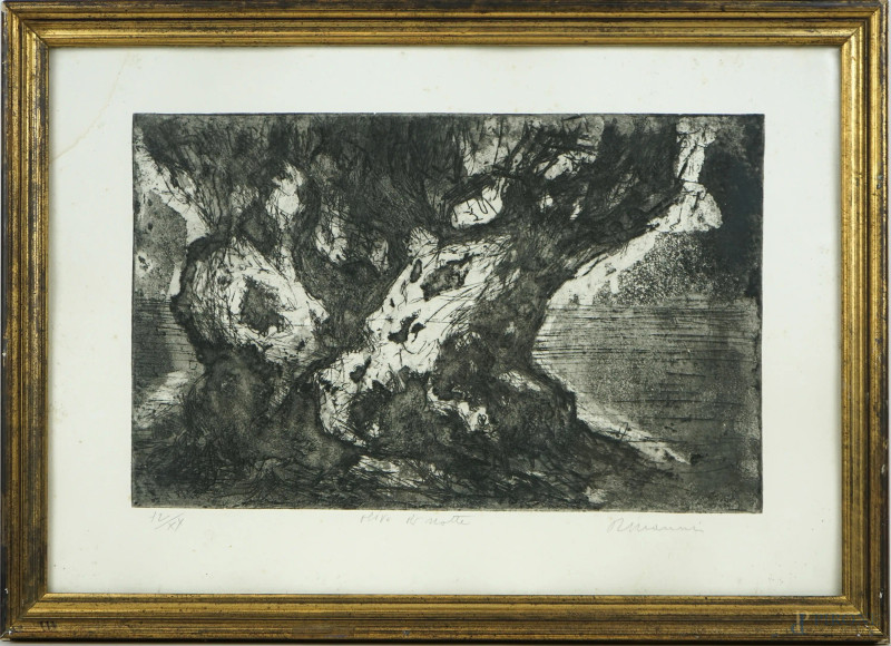 Roberto Manni : Ulivo di notte, litografia, es. 12/XX, cm 34x49, entro cornice  - Asta II TORNATA DI ASTA DI ARTE MODERNA E ANTIQUARIATO - Aste Pirone