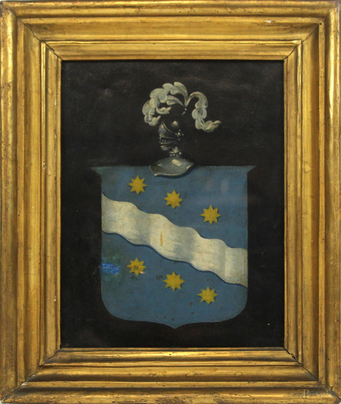 Stemma araldico, olio su tela, cm 28x22, XIX secolo, entro cornice, (difetti).  - Asta ASTA DI ARTE MODERNA E ANTIQUARIATO - Aste Pirone