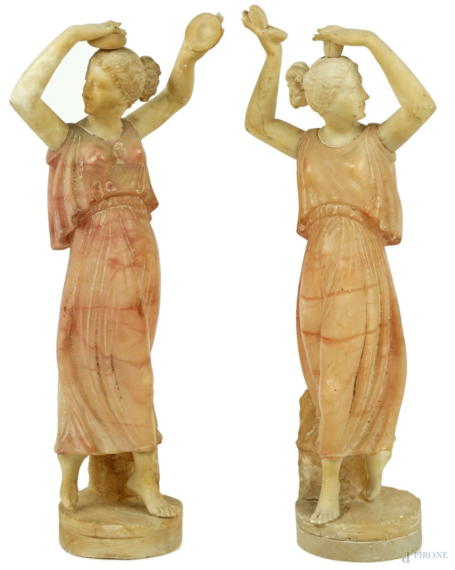 Danzatrici, coppia di sculture in marmo ed alabastro, cm h 32, XX secolo, (difetti).  - Asta ASTA A TEMPO - Aste Pirone