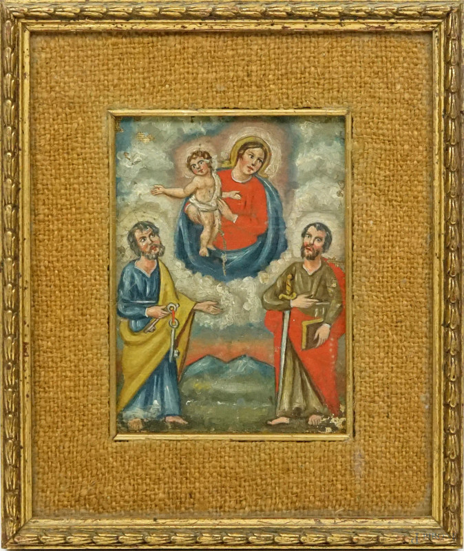 Scuola del XIX secolo, Madonna con Bambino con i SS. Pietro e Paolo, olio su tela applicata su cartoncino, cm 15x10,5 circa, entro cornice, (cadute di colore).  - Asta ASTA A TEMPO - Aste Pirone