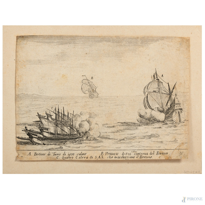Jacques Callot (1592-1635) A. Bertone di Tunis, Acquaforte, foglio cm 14x19,5, iscizione al retro, (segni di usura, foxing, strappi)  - Asta ASTA A TEMPO | PICTA MANENT - Aste Pirone
