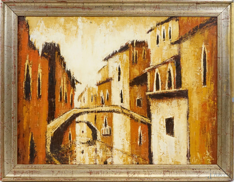 Scorcio di Venezia, olio su tela, cm 60,5x80, firmato, entro cornice  - Asta ASTA A TEMPO DI ANTIQUARIATO E ARTE MODERNA - Aste Pirone