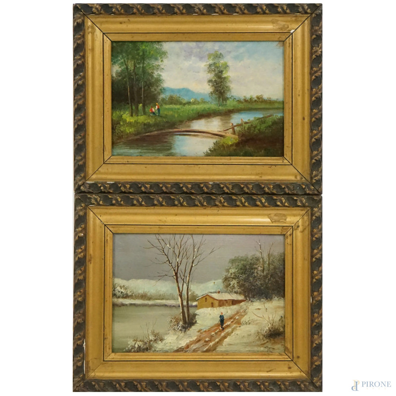 Coppia di paesaggi, olio su tavola, cm 20x30, siglati, entro cornice  - Asta I TORNATA DI ASTA A TEMPO DI ARTE MODERNA E ANTIQUARIATO - Aste Pirone