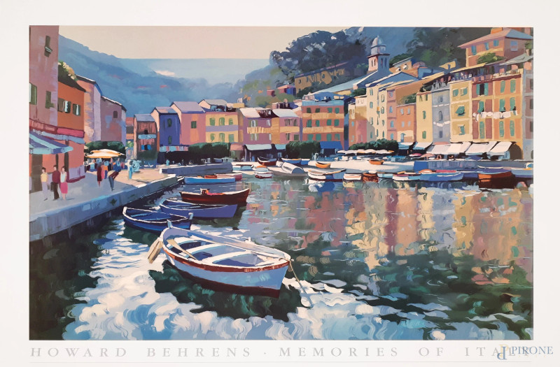 Howard Behrens, Memories of Italy, veduta di Portofino, Soho Editions, raro manifesto con stampa fine arts su carta pregiata plastificata, cm 74x99  - Asta ASTA A TEMPO - Aste Pirone