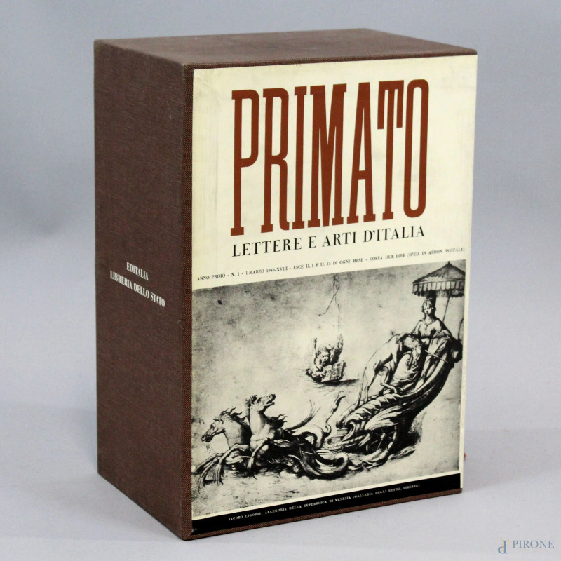 "Primato delle Lettere ed Arti d'Italia", quattro volumi, ANNO I-1940; ANNO II-1941; ANNO III-1942; ANNO IV -1943, Editalia Libreria dello Stato, ristampa anastatica 1993, entro cofanetto originale, (segni del tempo).  - Asta ASTA DI ARTE MODERNA E ANTIQUARIATO - Aste Pirone