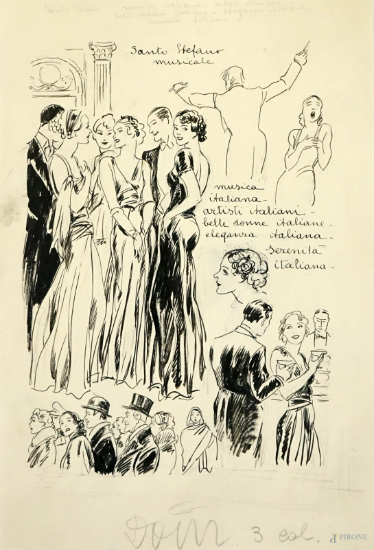 Luigi  Bompard : Serata di gala, disegno a tecnica mista su carta, cm 33x22  - Asta ASTA A TEMPO - Aste Pirone