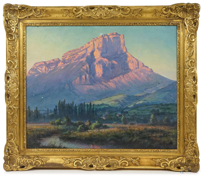 Jean Marius Bugnard : Il Monte Garnier Saint-Badolph in Savoia, olio su tela, cm 60x74, entro cornice, (difetti)  - Asta ASTA A TEMPO - Aste Pirone