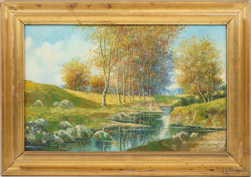 Paesaggio fluviale, olio su compensato, cm 35x57, firmato, entro cornice.  - Asta II TORNATA DI ASTA DI ARTE MODERNA E ANTIQUARIATO - Aste Pirone